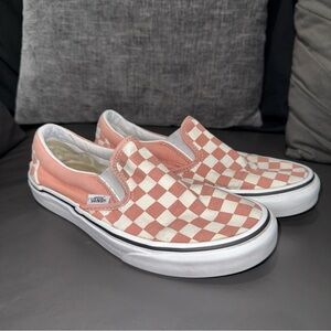 Vans Coral and Cream Checkered Slip-On Shoes